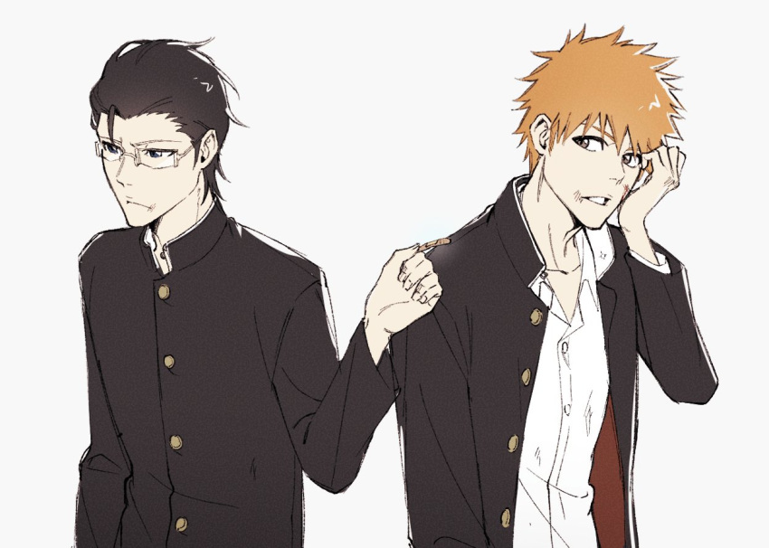 2boys black_hair bleach blue_eyes brown_eyes gakuran glasses hair_slicked_back ishida_uryuu konetaa kurosaki_ichigo male_focus multiple_boys orange_hair school_uniform shirt solo spiked_hair upper_body white_shirt