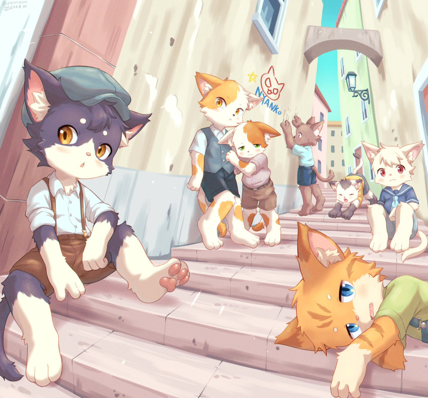 6+boys alley animal_ear_fluff animal_ears blue_eyes blue_headwear blue_shorts blue_vest body_fur brown_eyes brown_fur building cat_boy cat_ears cat_tail child day drawing fewer_digits flat_cap furry furry_male green_eyes green_shirt grey_fur hat highres looking_at_viewer lying male_focus multiple_boys open_mouth orange_eyes original pawpads piporinton red_eyes sailor_collar shirt shorts sitting stairs standing stretching suspenders tail vest white_fur white_shirt