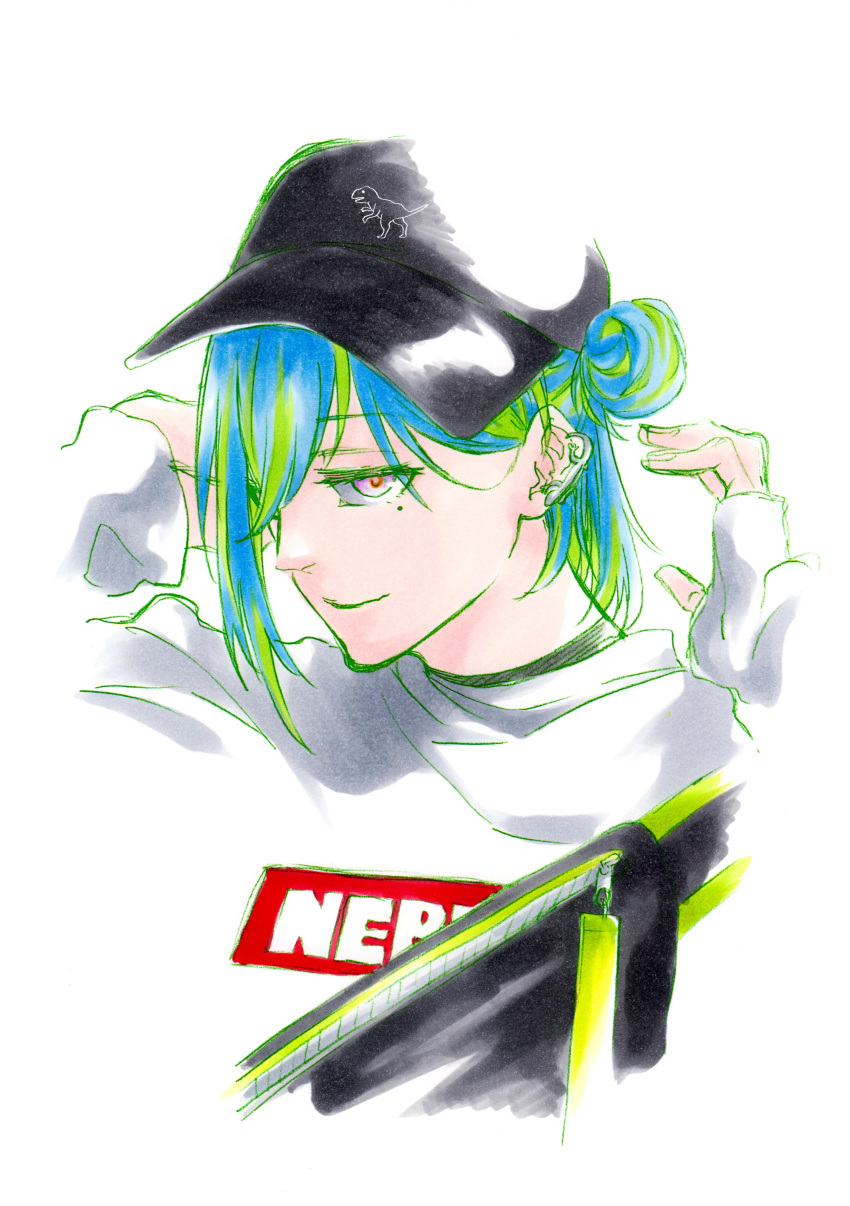 1girl absurdres baseball_cap black_headwear black_shirt blue_hair closed_mouth dinosaur_print earrings green_hair hair_between_eyes hair_bun hair_over_one_eye half-closed_eyes hand_in_own_hair hat highres hiyoku_no_crosspiece jewelry ken'ichi_(ken1ro_u) long_sleeves looking_at_viewer marker_(medium) mole mole_under_eye multicolored_hair nanashi_inc. official_alternate_costume one_eye_covered pink_eyes shirt sleeves_past_wrists solo suzumi_nemo suzumi_nemo_(2nd_costume) sweater traditional_media virtual_youtuber white_background white_sweater zipper