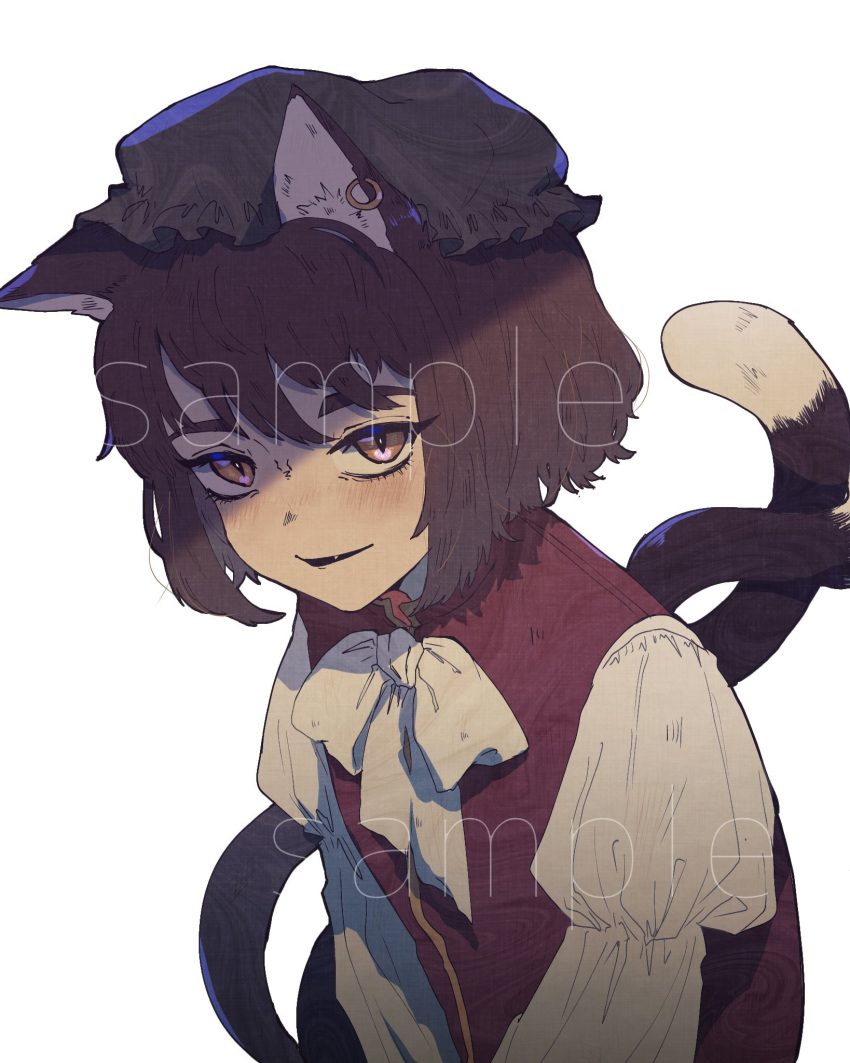 animal_ear_fluff animal_ear_piercing animal_ears brown_eyes brown_hair cat_ears cat_tail chen fang green_headwear hat highres long_sleeves medium_hair mob_cap multiple_tails red_vest sample_watermark shirt short_hair slit_pupils sokura_(mochichitose) tail touhou two_tails vest white_shirt