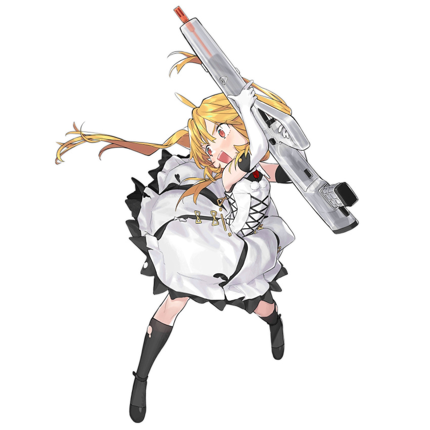 1girl aged_down ahoge arms_up assault_rifle black_footwear black_socks blonde_hair bullpup dress elbow_gloves full_body girls'_frontline gloves gun highres holding holding_gun holding_weapon kneehighs long_hair looking_to_the_side neck_bobbles nishiro_ryoujin official_alternate_costume official_art open_mouth red_eyes rifle s-acr_(girls'_frontline) s-acr_(wind-chasing_witch)_(girls'_frontline) simple_background sleeveless sleeveless_dress socks solo steyr_acr teeth torn_clothes torn_dress torn_socks transparent_background twintails upper_teeth_only weapon white_dress white_gloves