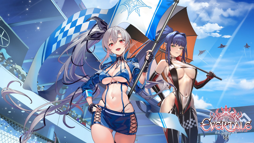 2girls aircraft bare_shoulders blue_hair blue_sky bodysuit bow breasts checkered_flag choker clarice_(evertale) cleavage cloud cloudy_sky collarbone commentary_request copyright_name cropped_jacket cuboon day elbow_gloves evertale fingerless_gloves flag gloves grey_hair hair_bow hand_on_own_hip high_ponytail highleg highleg_panties highres holding jacket large_breasts lips logo long_hair ludmilla_(evertale) medium_breasts miniskirt multiple_girls navel official_art open_clothes open_mouth outdoors panties ponytail race_queen red_eyes revealing_clothes shiny_clothes side_ponytail simple_background skirt sky sleeveless smile stomach sunlight umbrella underwear zipper zipper_pull_tab