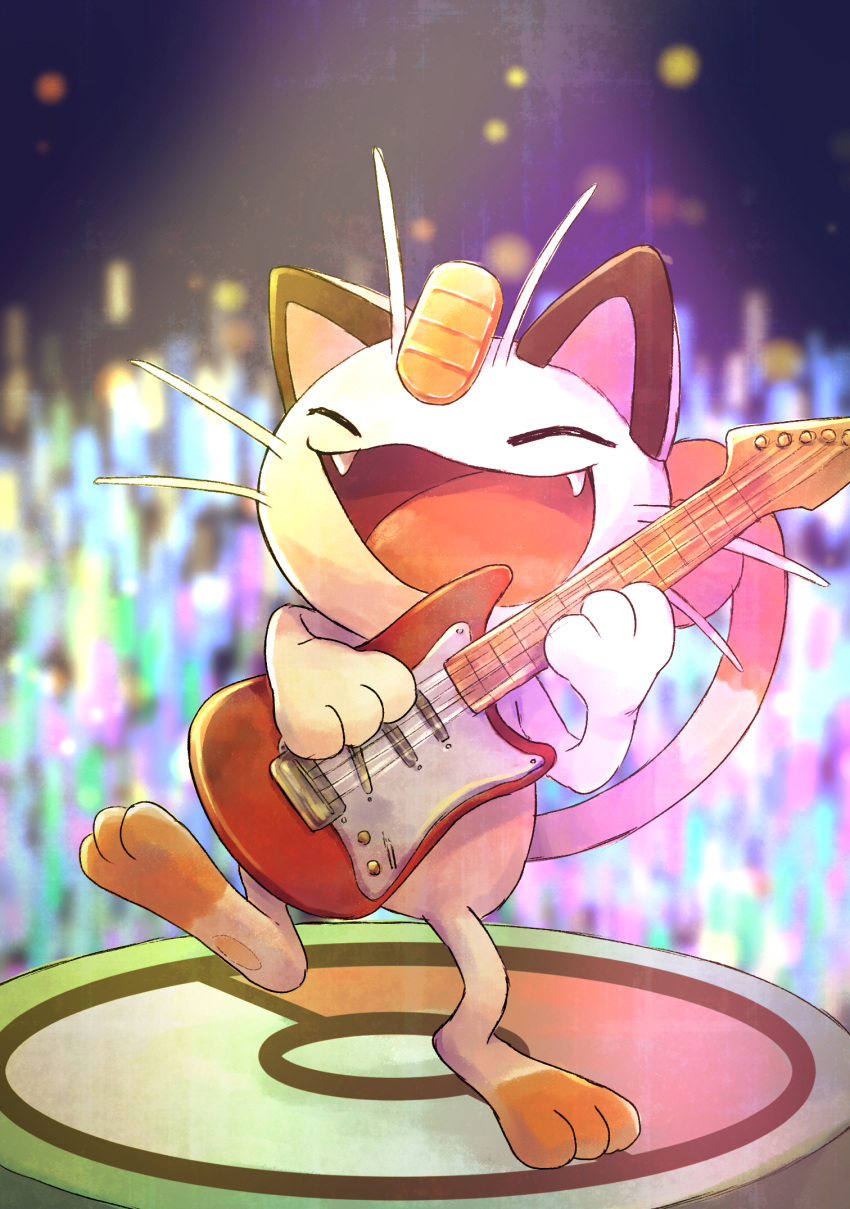 blurry blurry_background closed_eyes coin electric_guitar fangs fender_stratocaster guitar highres holding instrument meowth misonikomiii no_humans open_mouth poke_ball_print pokemon pokemon_(creature) sharp_teeth spotlight standing standing_on_one_leg tail teeth whiskers