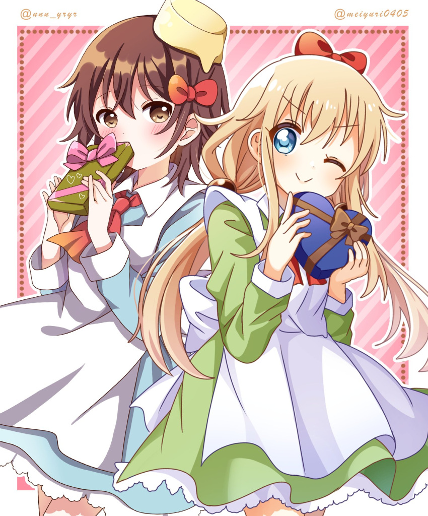 2girls alternate_costume apron blonde_hair blue_dress blue_eyes blush bow box brown_bow brown_eyes brown_hair collaboration collared_dress commentary_request dress frilled_dress frills funami_yui gift gift_box hair_bow hat heart-shaped_box highres holding holding_gift long_hair long_sleeves looking_at_viewer mei-chan_(meiyuri0405) multiple_girls nnn_yryr one_eye_closed pink_bow red_bow short_hair smile toshinou_kyouko twitter_username white_apron yuru_yuri