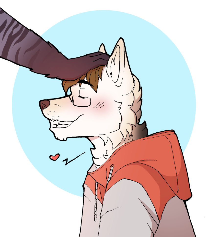 anthro blush blush_lines bovid canid canine canis caprine clothing domestic_cat duo eyewear felid feline felis fluffy glasses goat headpat hi_res hoodie hybrid intersex intersex/male jacket jacks male mammal morgdl pat_(disambiguation) patting patting_head sabbyth scruffy solo toothy_grin topwear wolf