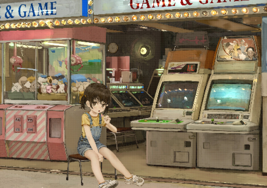 1girl absurdres arcade_cabinet blue_overalls brown_eyes brown_hair crane_game food highres holding holding_food namuta original overalls shirt shoes short_hair sitting solo tagme yellow_shirt