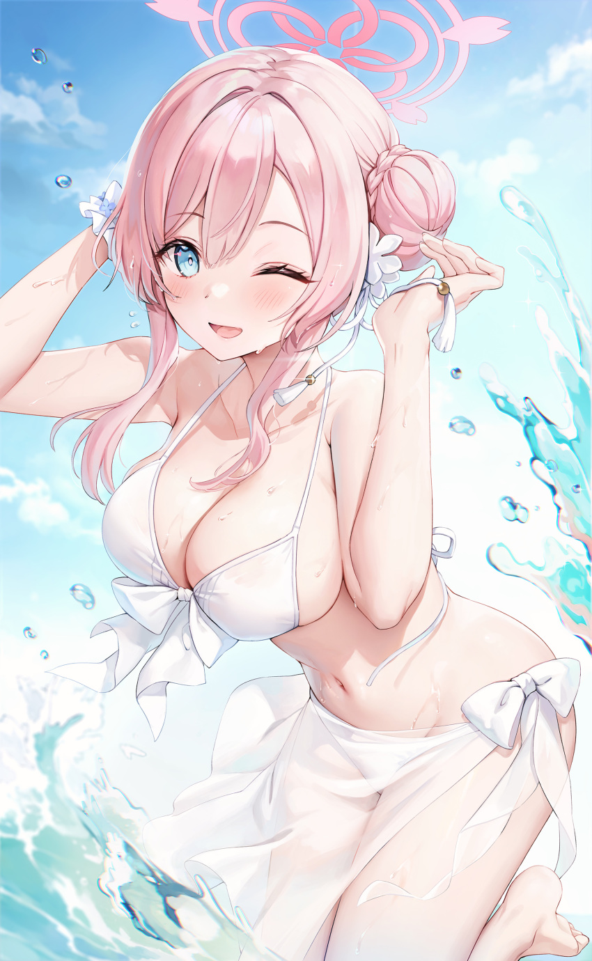 1girl absurdres bikini blue_archive blue_eyes blue_sky braid breasts cloud day hair_bun halo highres jehyun large_breasts looking_at_viewer mimori_(blue_archive) mimori_(swimsuit)_(blue_archive) navel ocean official_alternate_costume one_eye_closed open_mouth outdoors pink_halo scrunchie single_hair_bun sky smile solo swimsuit water wet white_bikini white_scrunchie wrist_scrunchie