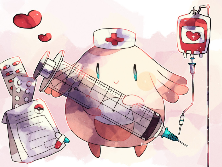 animal_focus chansey commentary_request hanabusaoekaki hat heart highres holding holding_syringe medicine no_humans nurse_cap paper pill pokemon pokemon_(creature) smile solid_oval_eyes syringe white_background