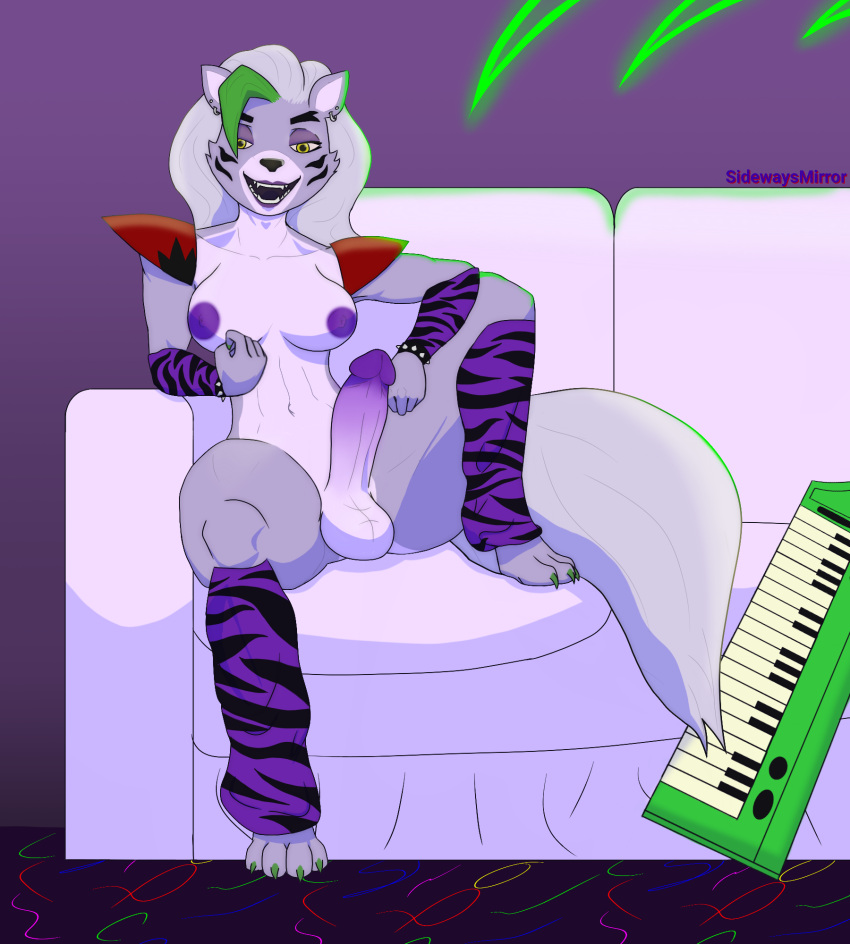 anthro beckoning bracelet breasts canid canine canis clothed clothing five_nights_at_freddy's five_nights_at_freddy's:_security_breach furniture genitals gesture gynomorph hi_res humanoid_genitalia intersex jewelry looking_at_viewer makeup mammal nipples partially_clothed penis purple_nipples roxanne_wolf_(fnaf) scottgames sidewaysmirror sitting sofa solo solo_focus spiked_bracelet spikes steel_wool_studios wolf