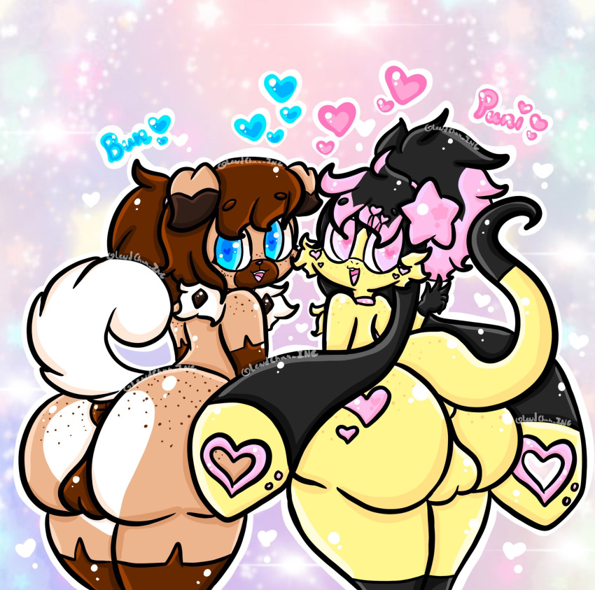 &lt;3 anthro balls big_butt black_hair blue_eyes brown_body brown_hair butt duo female generation_6_pokemon generation_7_pokemon genitals hair helioptile hi_res lewdchuu_(artist) nintendo pink_eyes pokemon pokemon_(species) puni_(lewdchuu) rockruff star tail yellow_body