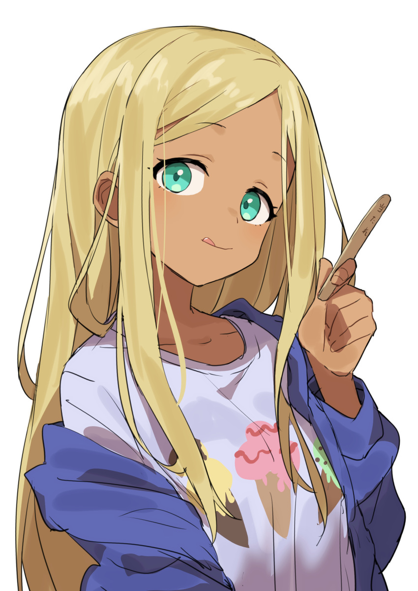 1girl :q absurdres aqua_eyes blonde_hair blue_jacket dark-skinned_female dark_skin gazacy_(dai) highres idolmaster idolmaster_cinderella_girls jacket layla_(idolmaster) licking_lips long_hair looking_at_viewer off_shoulder open_clothes open_jacket parted_bangs popsicle_stick shirt simple_background solo tongue tongue_out upper_body white_background