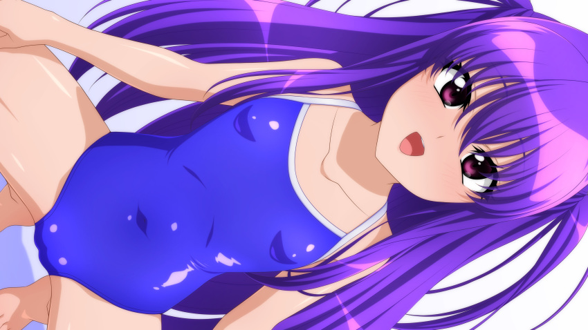 1girl absurdres blue_one-piece_swimsuit breasts cameltoe collarbone competition_school_swimsuit covered_navel dutch_angle highres long_hair looking_at_viewer one-piece_swimsuit open_mouth original purple_eyes purple_hair round_teeth school_swimsuit sideways small_breasts smile solo squatting sugimura_tomokazu swimsuit teeth two_side_up upper_teeth_only