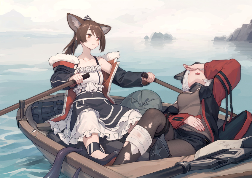 2girls absurdres animal_ears arknights bag bandaged_leg bandages black_jacket black_shorts boat breasts brown_eyes brown_hair brown_pantyhose closed_mouth commentary covering_own_eyes dress fog fox_ears fox_girl frostleaf_(arknights) full_body fur-trimmed_jacket fur_trim grey_shirt halberd hand_on_own_stomach highres injury jacket leaning_back long_hair medium_breasts mountainous_horizon multiple_girls ocean open_mouth outdoors pantyhose perfumer_(arknights) polearm ponytail red_jacket rowboat rowing shirt shorts tentacles torn_clothes torn_pantyhose watercraft weapon welt_(kinsei_koutenkyoku) white_dress white_hair