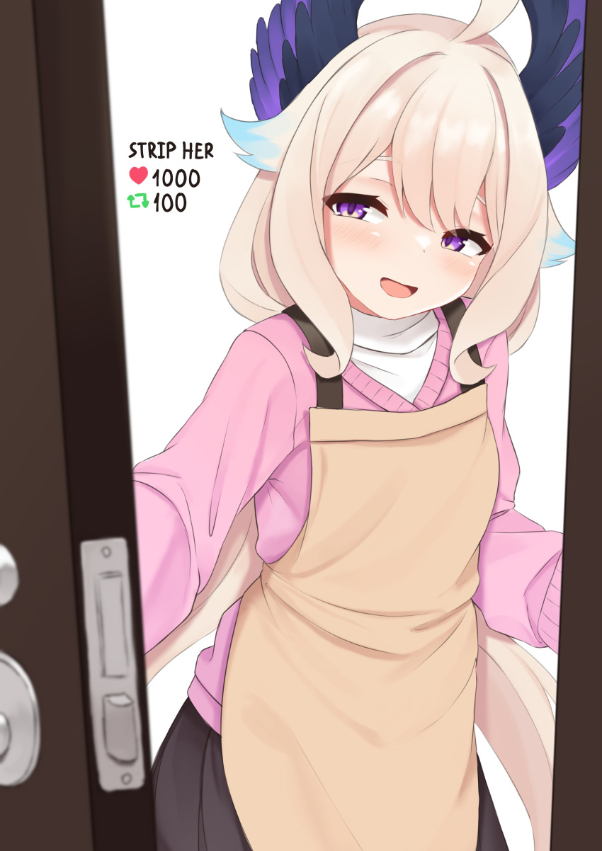 1girl :d absurdres ahoge apron black_skirt blonde_hair blue_hair blush colored_tips enna_alouette hair_flaps head_wings highres long_hair long_sleeves multicolored_hair nijisanji nijisanji_en open_door pink_sweater pov_doorway purple_eyes skirt sleepypudding smile solo sweater upper_body virtual_youtuber wings