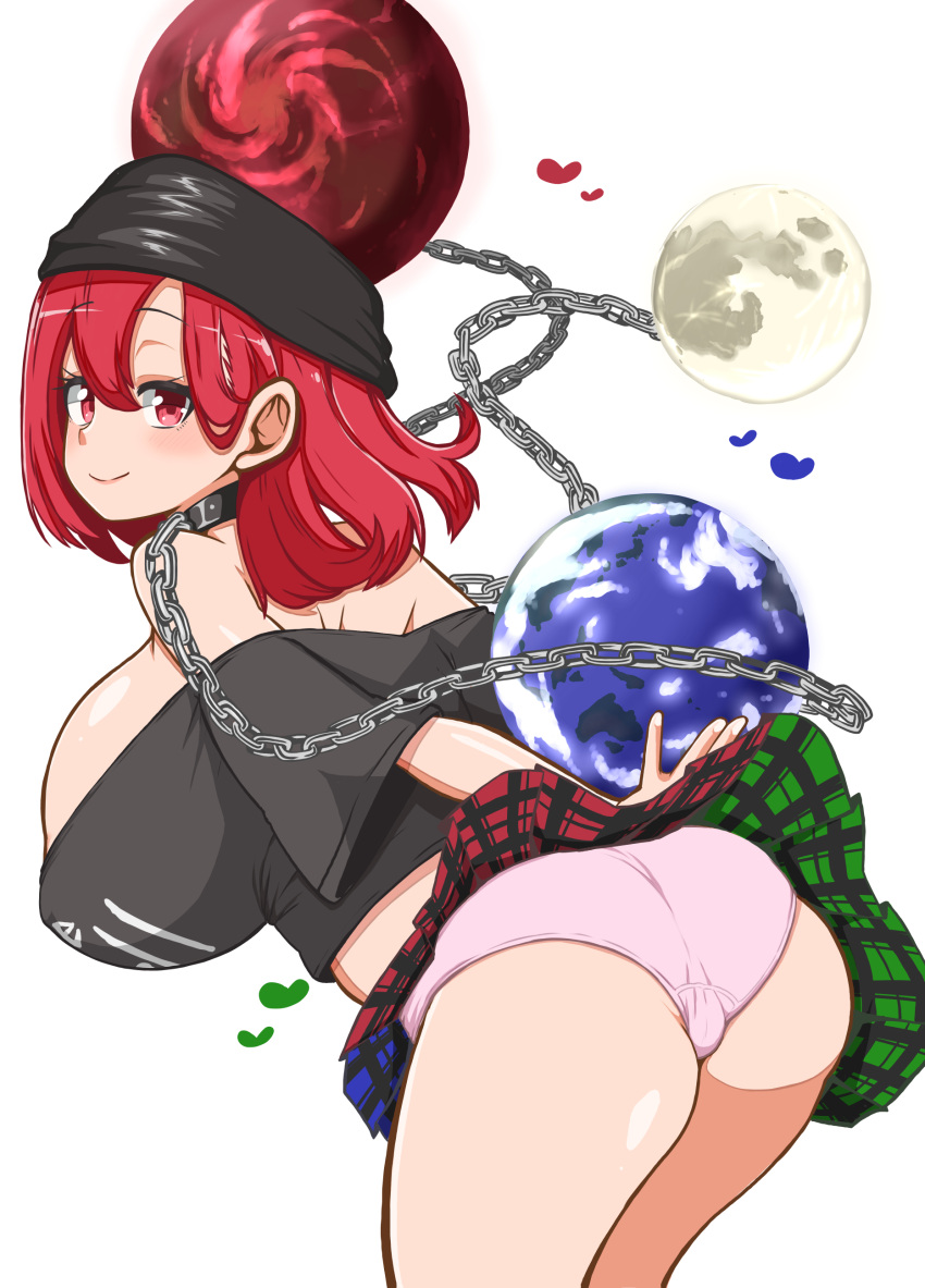 1girl absurdres ass bare_shoulders bent_over black_shirt breasts chain closed_mouth clothes_writing collar commentary_request earth_(ornament) hair_behind_ear hair_between_eyes half-closed_eyes heart hecatia_lapislazuli highres himajin_noizu huge_breasts light_blush long_hair looking_at_viewer looking_back midriff moon_(ornament) off-shoulder_shirt off_shoulder plaid plaid_skirt polos_crown red_eyes red_hair shirt short_sleeves simple_background skirt smile solo touhou upskirt white_background wind