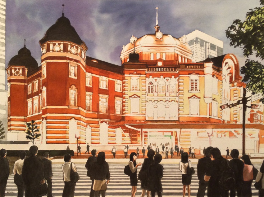 6+others blue_sky building city cloud cloudy_sky crosswalk lamppost multiple_others night night_sky original painting_(medium) road sign sky toirom_pmxh tokyo_(city) tokyo_station traditional_media tree