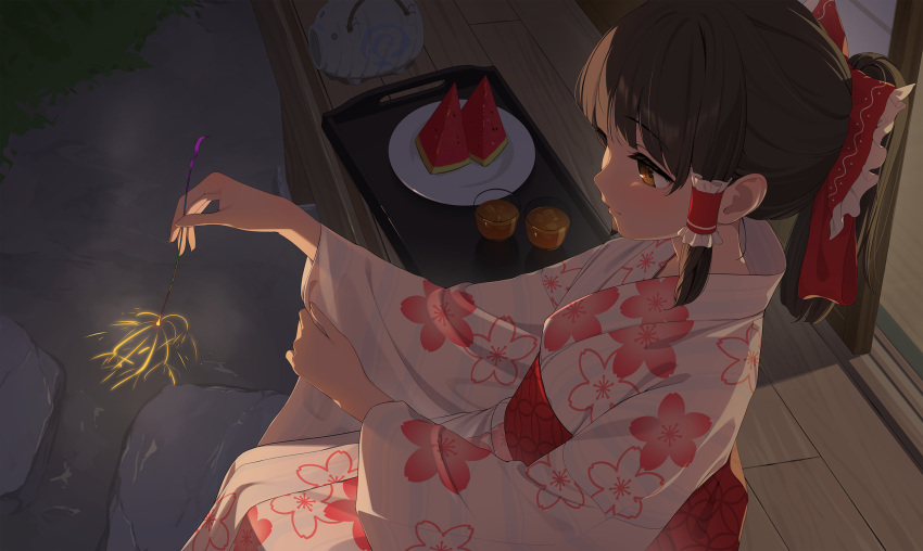 1girl bow brown_eyes brown_hair closed_mouth cup floral_print food fruit hair_bow hair_tubes hakurei_reimu highres holding_fireworks japanese_clothes kanpa_(campagne_9) kimono long_sleeves mosquito_coil obi print_kimono red_bow sash short_hair sidelocks sitting solo touhou watermelon white_kimono wide_sleeves