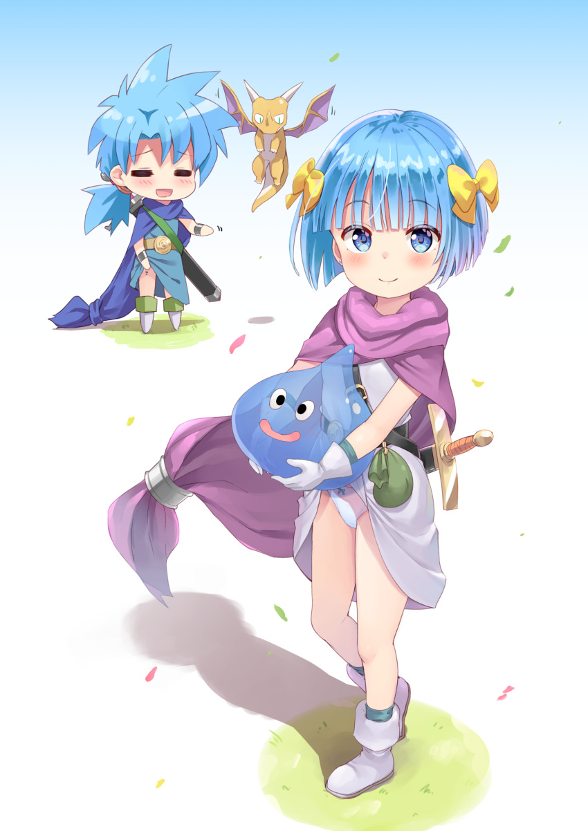 1boy 1girl 2others absurdres belt_pouch blue_cape blue_eyes blue_hair blue_tunic blunt_bangs blush boots bow bow_panties breasts brother_and_sister cape child closed_eyes clothes_lift commentary_request dragon dragon_kid_(dragon_quest) dragon_quest dress dress_lift ear_piercing female_child full_body green_bow hair_bow hero's_daughter_(dq5) hero's_son_(dq5) highres lifted_by_self male_child multiple_others paid_reward_available panties piercing pink_panties ponytail pouch purple_cape red_bow short_hair siblings slime_(creature) slime_(dragon_quest) small_breasts standing sword tenjou_ryuka underwear weapon white_dress white_footwear