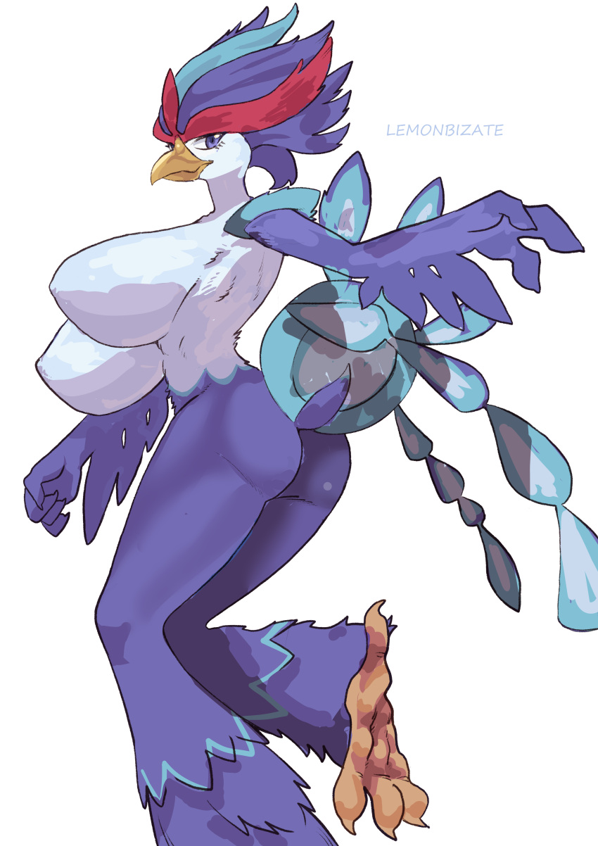 absurd_res anthro avian beak big_breasts blue_body blue_eyes breasts butt feathers female generation_9_pokemon hi_res huge_breasts lemonbizate_(artist) looking_at_viewer nintendo nude pokemon pokemon_(species) quaquaval simple_background solo white_background white_body
