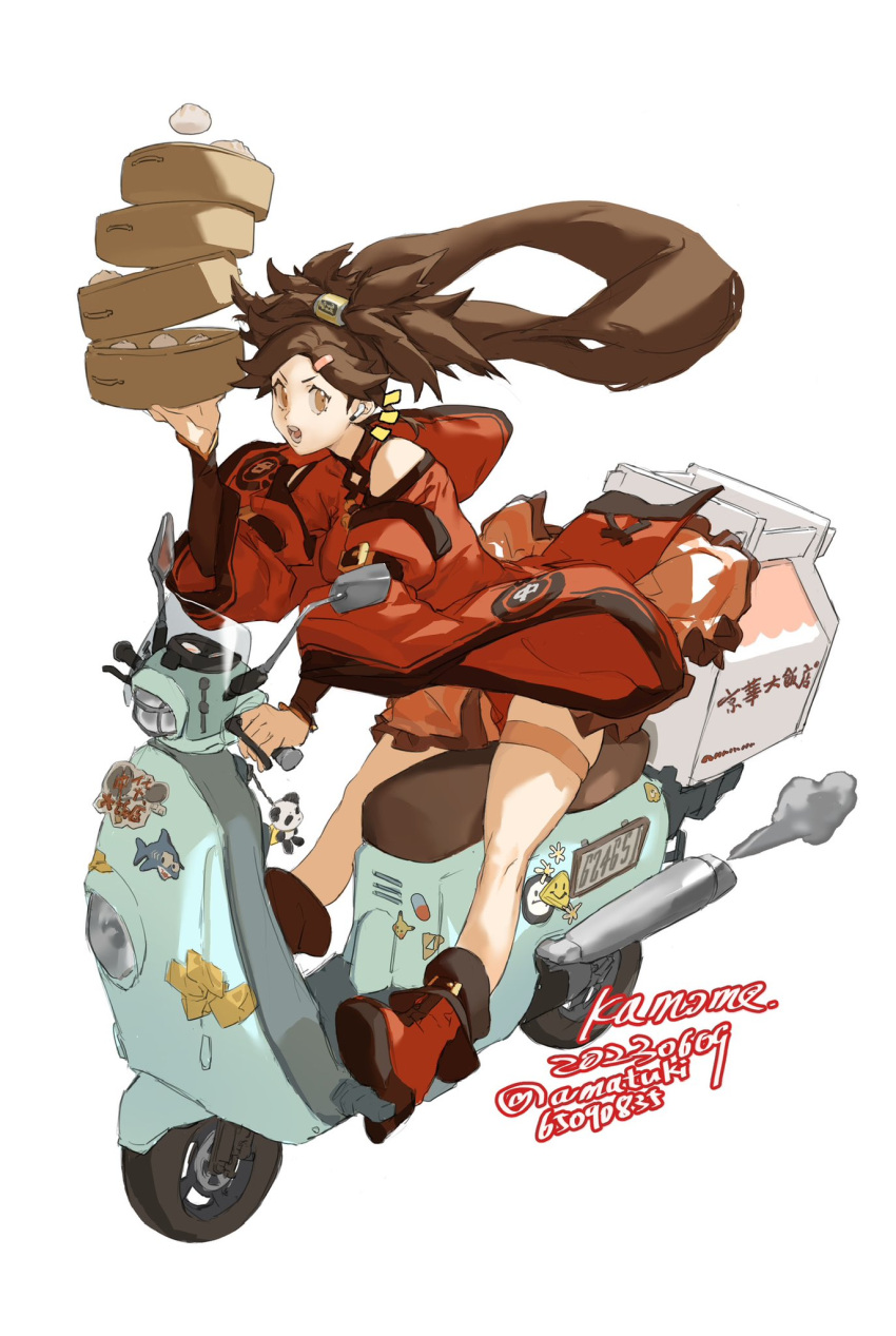 1girl amatuki artist_name bamboo_steamer baozi bare_shoulders box brown_eyes brown_hair carrying china_dress chinese_clothes dated delivery dress floating_hair food food_delivery_box guilty_gear guilty_gear_xrd hair_ornament hairclip highres kuradoberi_jam long_hair looking_at_viewer motor_vehicle motorcycle open_mouth simple_background solo thigh_strap thighs twitter_username v-shaped_eyebrows white_background wide_sleeves wind wind_lift