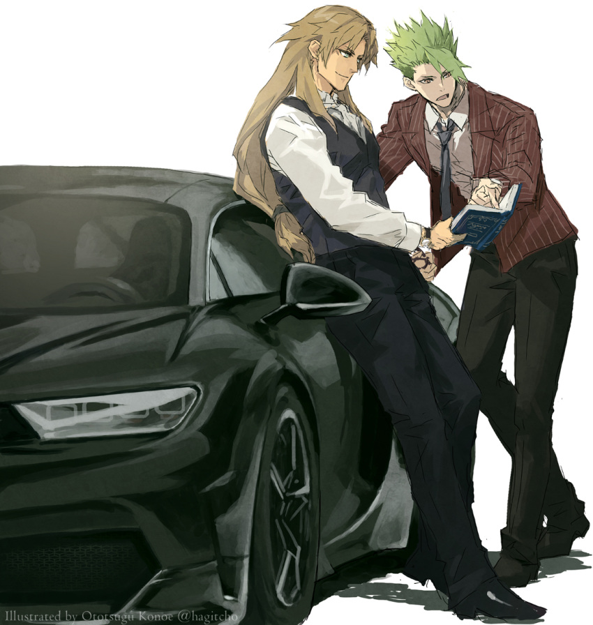 2boys achilles_(fate) black_car black_pants black_vest book brown_hair car chiron_(fate) collared_shirt curtained_hair dress_shirt dress_shoes fate/apocrypha fate_(series) green_hair jacket konoe_ototsugu long_hair long_sleeves low-tied_long_hair motor_vehicle multiple_boys necktie pants pointing shirt striped striped_jacket teacher_and_student vertical-striped_jacket vertical_stripes vest watch white_shirt wristwatch