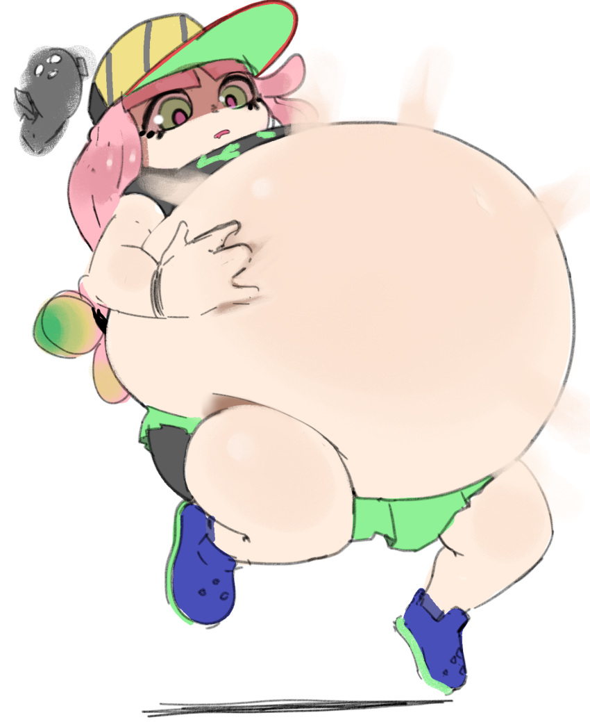 ambiguous_gender animal_humanoid belly belly_inflation big_belly clothing duo female fish hair hand_on_stomach harmony_(splatoon) hat headgear headwear hi_res humanoid hyper hyper_belly inflation marine marine_humanoid motion_lines nintendo nuumatic open_mouth pink_hair pink_pupils pink_sclera pupils shadow simple_background splatoon thick_thighs unknown_species yellow_eyes