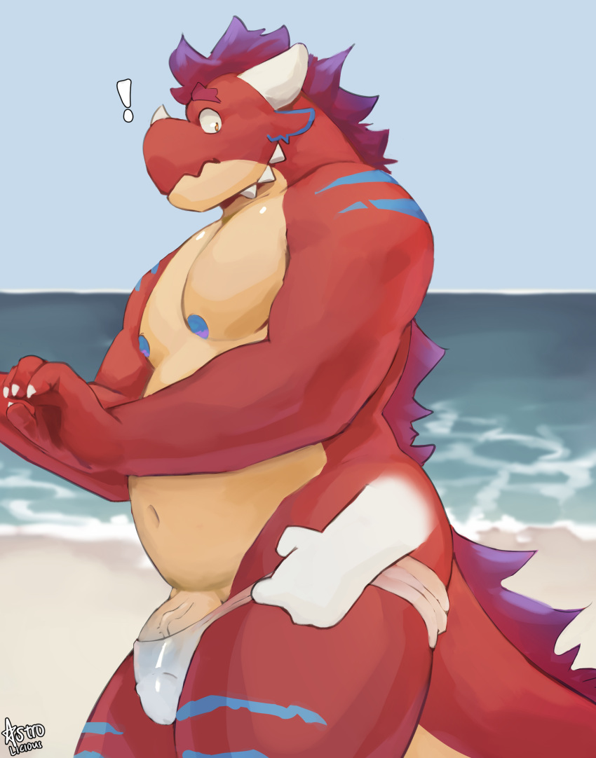 absurd_res anthro astro_(astrodae) beach blue_markings blue_nipples bulge clothing dragon genital_outline genitals hair hi_res male markings nipples penis penis_outline public purple_hair red_body red_scales rojoslushy scales scalie seaside sitting snout solo surprise tail underwear undressing