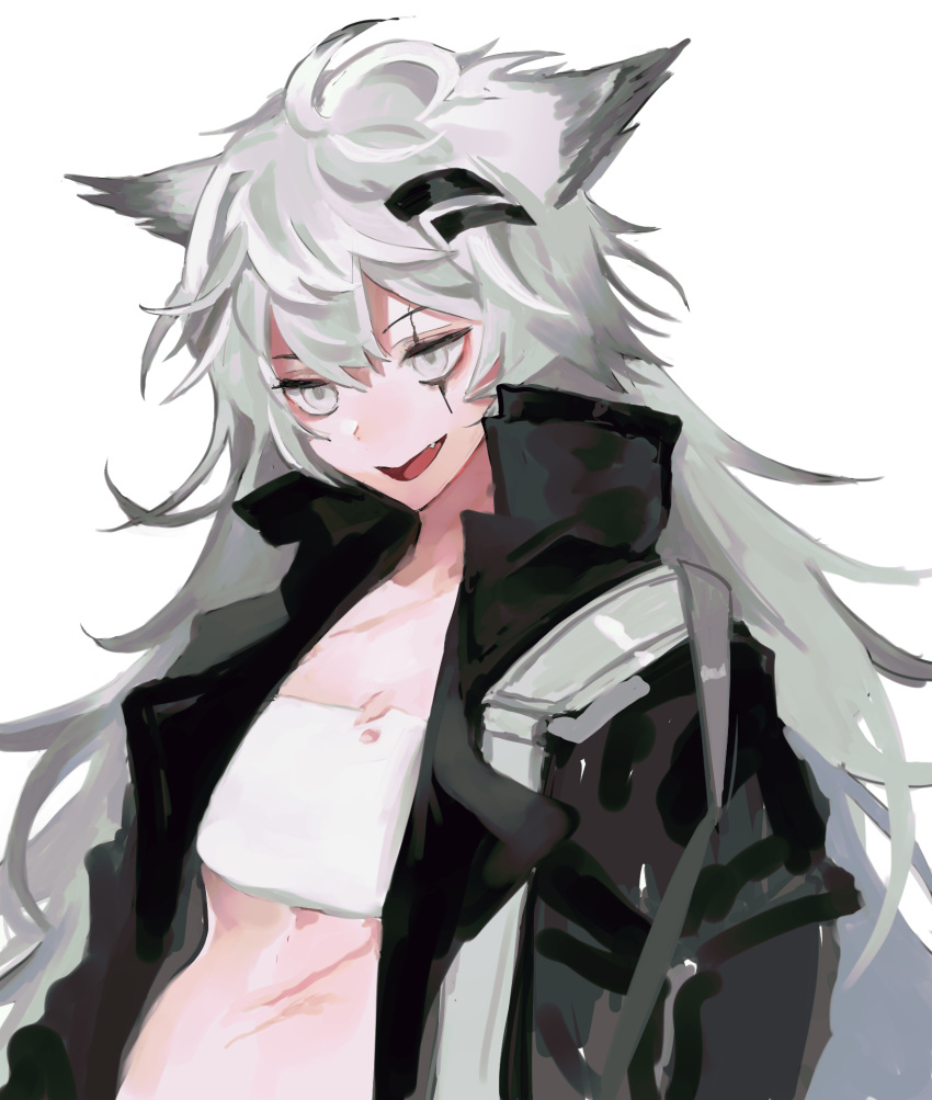 1girl ahoge arknights bandeau black_jacket breasts dal-gi fang grey_eyes grey_hair hair_between_eyes hair_ornament hairclip highres jacket lappland_(arknights) long_sleeves messy_hair open_clothes open_jacket open_mouth scar scar_across_eye simple_background sketch small_breasts solo stomach upper_body white_background white_bandeau