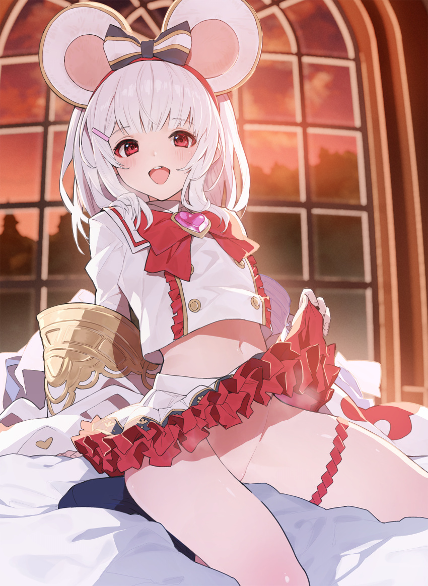 1girl animal_ears blush bow brooch clothes_lift commentary_request crop_top fake_animal_ears frilled_skirt frills granblue_fantasy hair_ornament hairclip heart heart_brooch highres indoors jewelry lifted_by_self long_sleeves looking_at_viewer mouse_ears navel no_panties open_mouth pleated_skirt red_eyes red_skirt sailor_collar sawayaka_samehada seiza shirt short_hair sitting skirt skirt_lift smile solo thigh_strap two-tone_skirt vikala_(granblue_fantasy) white_hair white_sailor_collar white_skirt wide_sleeves window
