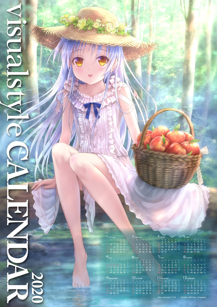 1girl 2020 absurdres alternate_costume angel_beats! apple barefoot basket blue_ribbon blush calendar_(medium) center_frills commentary_request day dress english_text feet floating_hair flower_wreath food forest frilled_dress frills fruit full_body goto_p hat highres knees_together_feet_apart legs long_hair looking_at_viewer nature open_mouth outdoors ribbon second-party_source sitting smile soaking_feet solo straight-on straw_hat tachibana_kanade toes tree water white_dress white_hair yellow_eyes