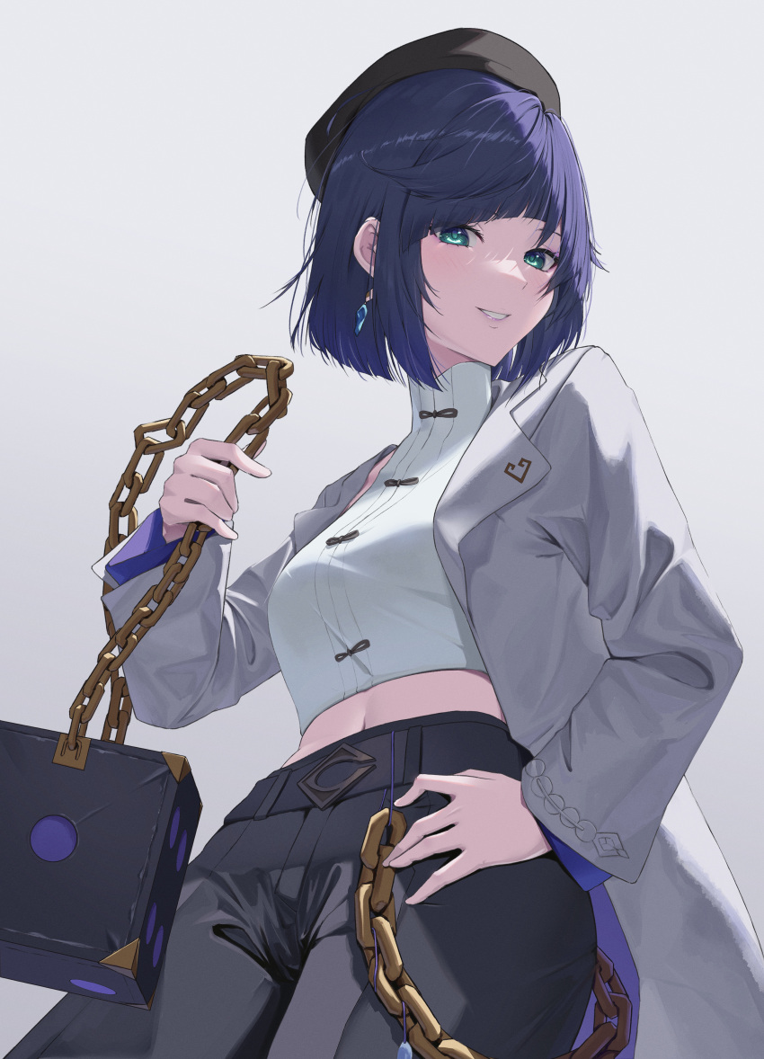 1girl absurdres aqua_eyes bakemonsou beret black_headwear black_pants blue_hair chain coat commentary_request cowboy_shot crop_top diagonal_bangs dice earrings genshin_impact grey_background grey_coat grin hand_on_own_hip hat highres holding holding_chain holding_dice jewelry long_sleeves looking_at_viewer navel official_alternate_costume open_clothes open_coat pants pizza_hut shirt short_hair simple_background smile solo turtleneck white_shirt yelan_(genshin_impact) yelan_(pizza_hut)_(genshin_impact)