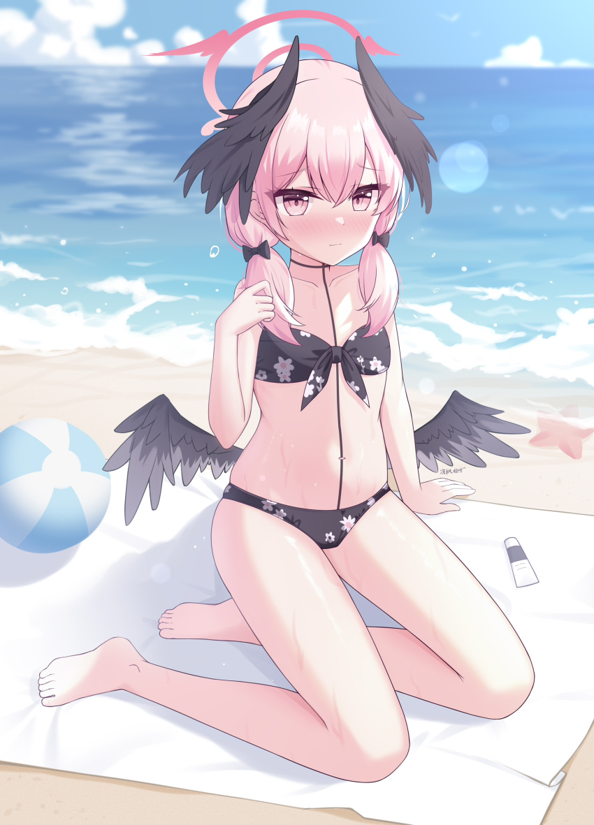 1girl absurdres arm_support ball bare_arms bare_shoulders beach beachball bikini black_bikini black_choker black_wings blanket blue_archive blue_sky blush choker closed_mouth cloud collarbone commentary_request day feathered_wings floral_print hair_between_eyes hair_over_shoulder halo head_wings highres horizon koharu_(blue_archive) koharu_(swimsuit)_(blue_archive) liang_feng_qui_ye long_hair looking_at_viewer low_twintails navel nose_blush ocean outdoors pink_eyes pink_hair print_bikini sand sitting sky solo starfish swimsuit translation_request twintails water wings yokozuwari
