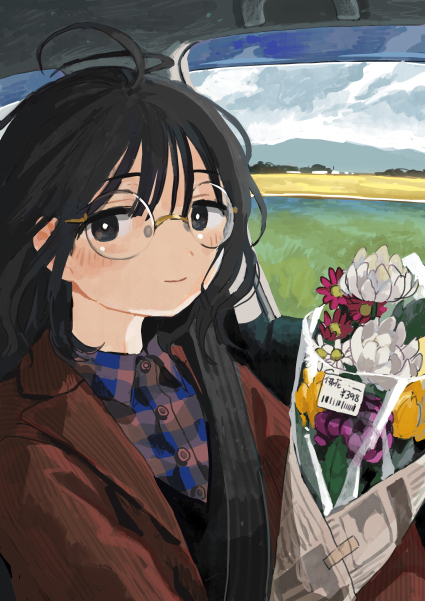 1girl absurdres black_eyes black_hair blue_shirt blush bouquet bright_pupils buttons car_interior closed_mouth cloud cloudy_sky collared_shirt commentary_request day driving floating_hair flower flower_request glasses highres holding holding_bouquet jacket long_hair looking_at_viewer mountainous_horizon multicolored_shirt open_clothes open_jacket open_window original pink_flower pink_shirt plaid plaid_shirt price_tag purple_flower ribbed_jacket rice_paddy right-hand_drive round_eyewear seatbelt shirt sky smile solo tareme upper_body white_flower white_pupils window yellow_flower zinbei