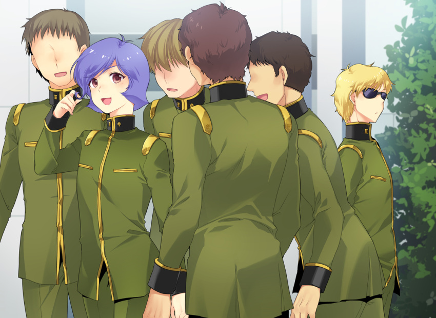 6+boys artist_name blonde_hair brown_hair char_aznable crowd faceless faceless_male garma_zabi green_jacket green_pants gundam hair_twirling hand_in_own_hair high_collar jacket long_sleeves looking_at_another looking_back male_focus military_uniform mobile_suit_gundam_the_origin multiple_boys open_mouth outdoors p.kibi pants people playing_with_own_hair purple_eyes purple_hair short_hair signature smile standing sunglasses uniform