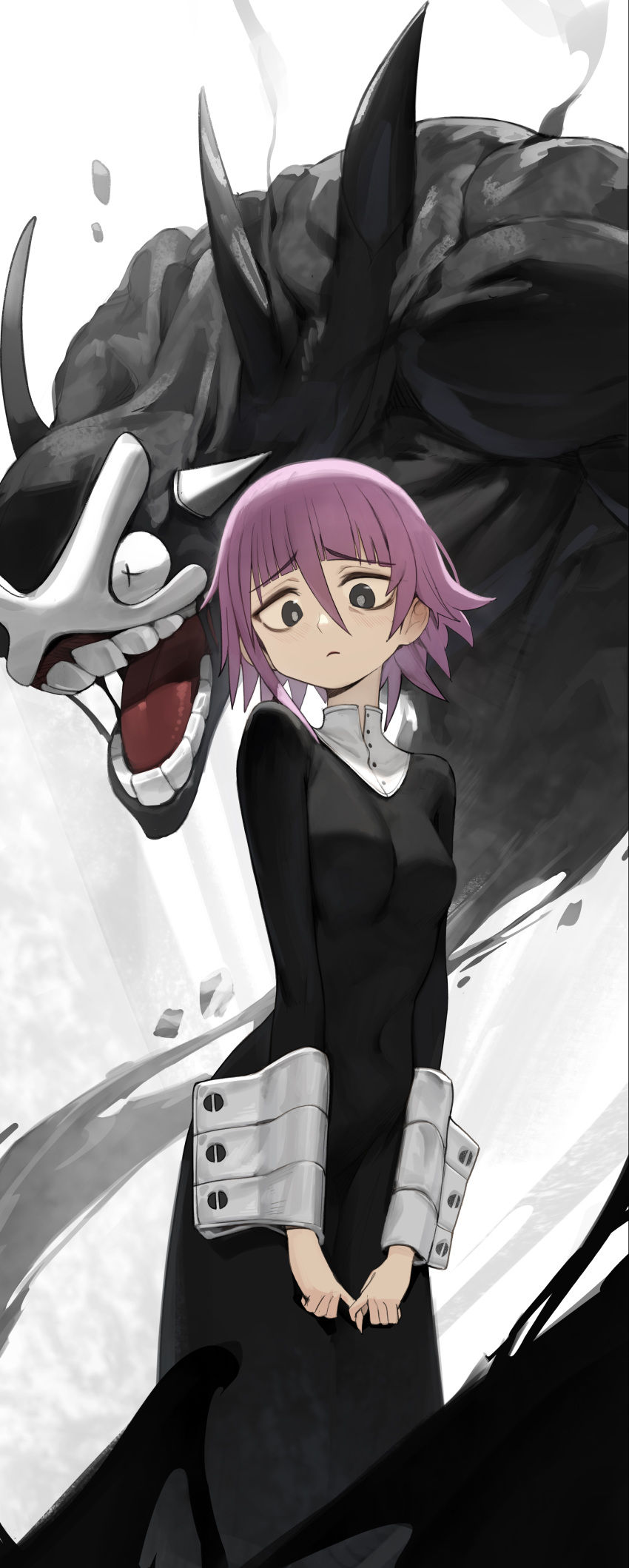 1other absurdres black_dress black_eyes blush breasts covered_navel crona_(soul_eater) dress expressionless frown hair_between_eyes highres index_fingers_together long_dress looking_at_viewer medium_breasts pink_hair ragnarok_(demon_sword) romana sad short_hair solo soul_eater wrist_cuffs