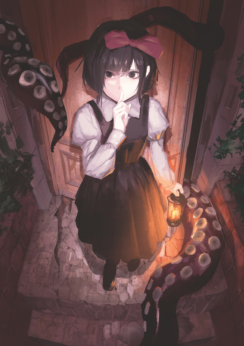 1girl absurdres black_dress black_eyes black_hair bow dress finger_to_mouth hair_bow highres holding holding_lantern horror_(theme) lantern looking_at_viewer medium_hair neg_(101neg) original red_bow shirt shushing solo tentacles white_shirt