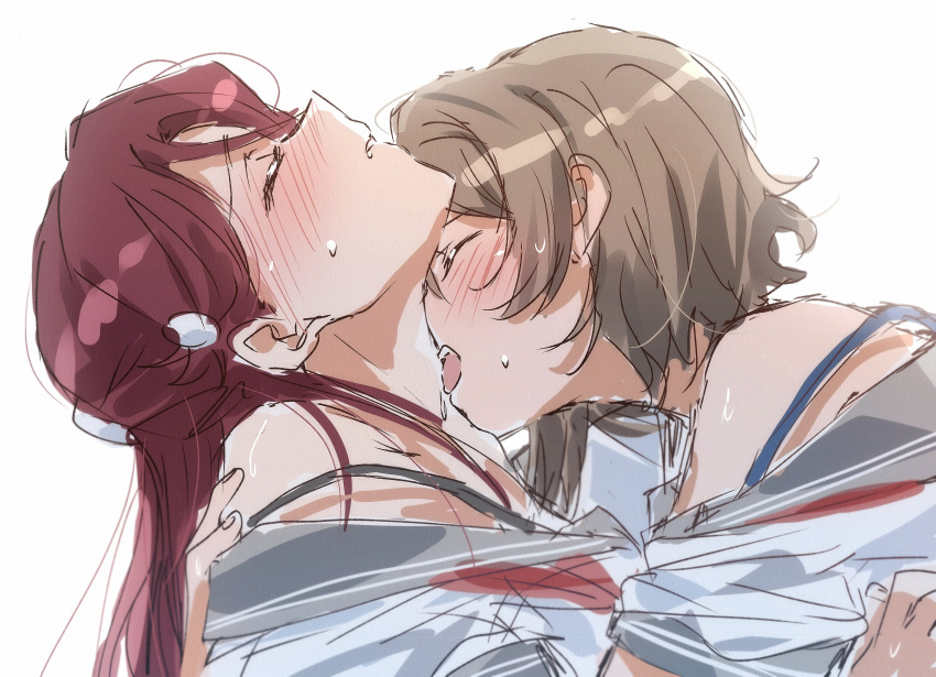 2girls absurdres blush bra_strap closed_eyes commentary grey_hair highres licking licking_neck long_hair love_live! love_live!_sunshine!! multiple_girls parted_lips red_hair sakurauchi_riko school_uniform serafuku shirt short_hair simple_background sweat upper_body watanabe_you white_background white_shirt yuchi_(salmon-1000) yuri