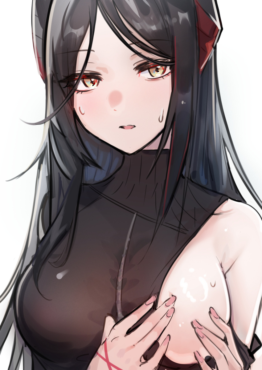 1girl arknights bare_shoulders black_hair breasts covering_nipples elsi highres horns ines_(arknights) large_areolae long_hair looking_at_viewer one_breast_out open_mouth simple_background solo sweatdrop turtleneck white_background yellow_eyes