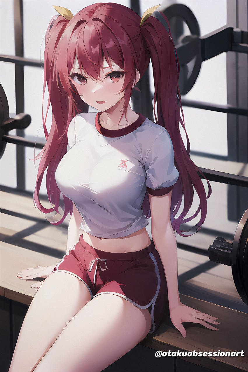 1girl absurdres ai-generated breasts collarbone english_commentary hair_intakes highres large_breasts long_hair looking_at_viewer non-web_source open_mouth rakudai_kishi_no_cavalry red_shorts self-upload shirt short_shorts short_sleeves shorts sitting solo stella_vermillion tagme thighs twintails twitter_username white_shirt