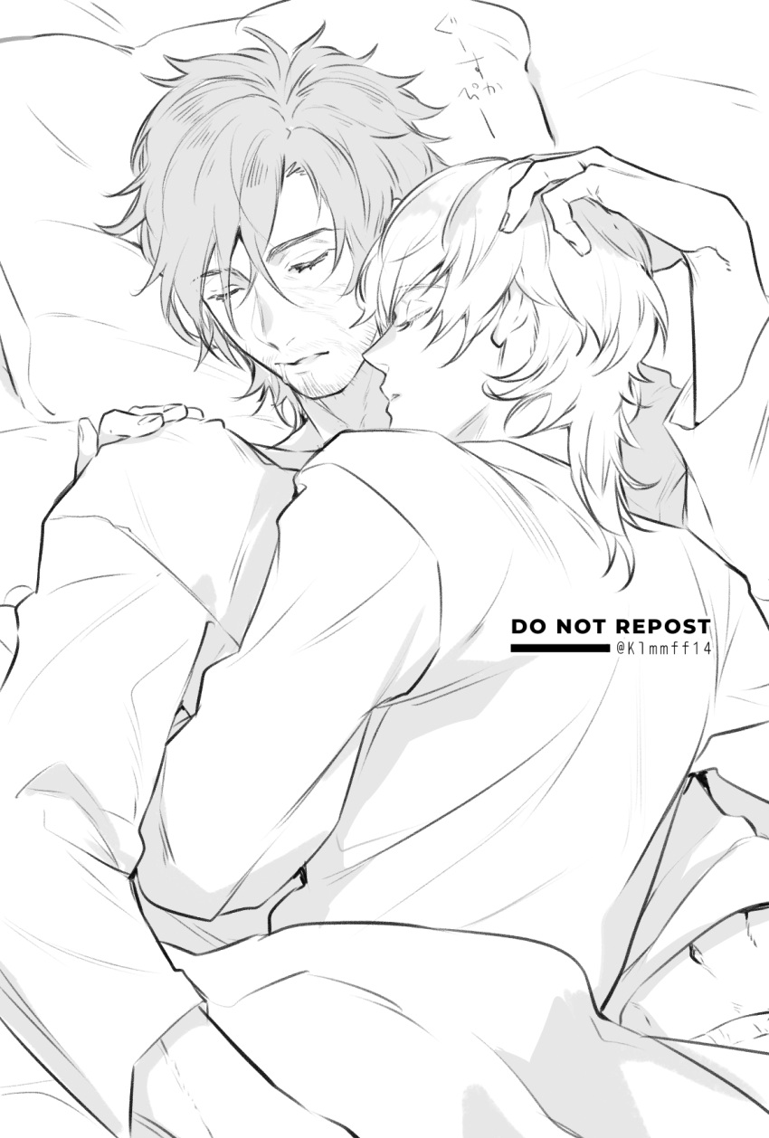 2boys brothers clive_rosfield closed_eyes cuddling facial_hair final_fantasy final_fantasy_xvi greyscale hair_between_eyes hand_in_another's_hair highres joshua_rosfield long_sleeves male_focus medium_hair monochrome multiple_boys pillow short_hair siblings sleeping stubble twitter_username under_covers upper_body yaoi zuwai_kani