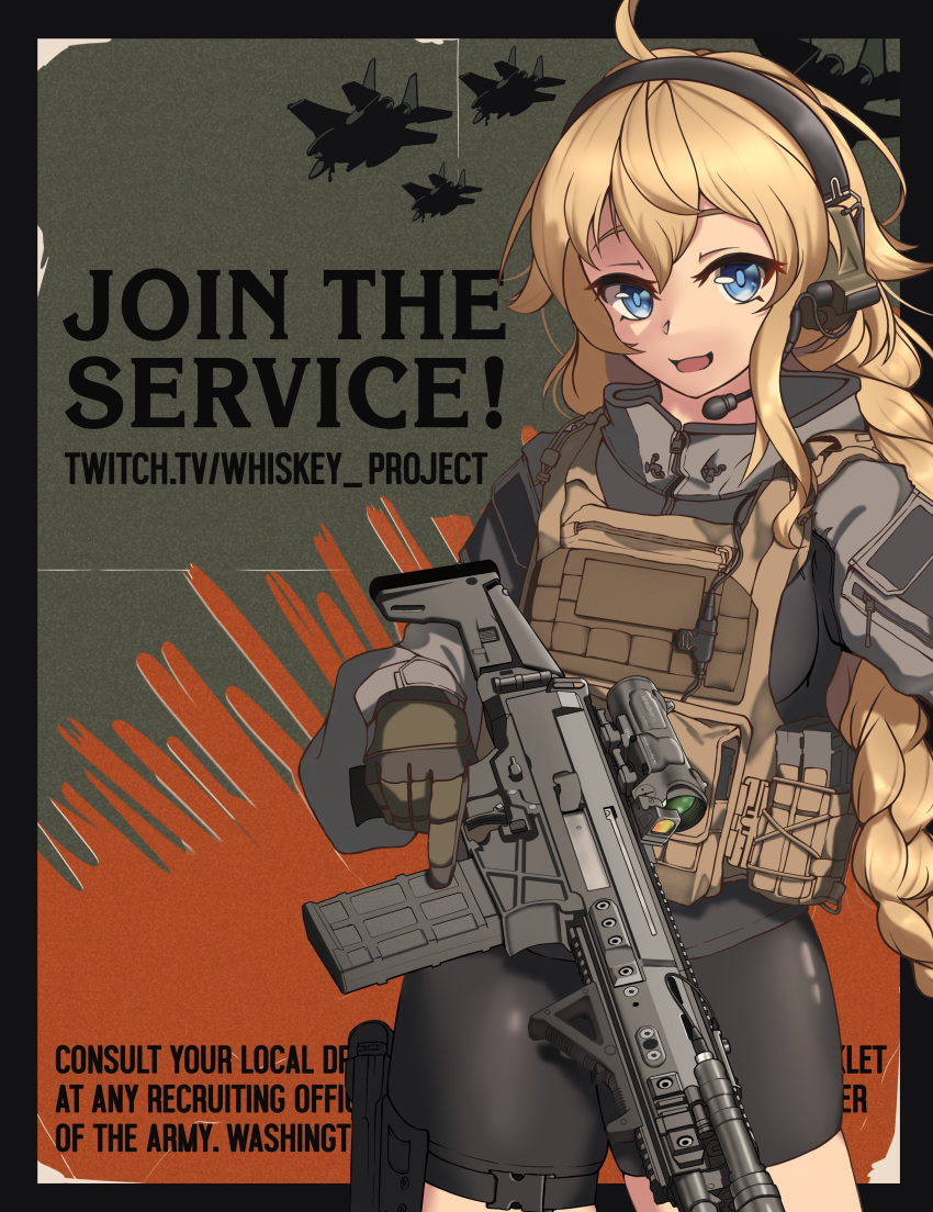 1girl absurdres ahoge bike_shorts black_shorts blonde_hair blue_eyes braid ear_protection english_text f-15_eagle gloves gun hair_between_eyes headset highres holding holding_gun holding_weapon indie_virtual_youtuber load_bearing_vest long_hair looking_at_viewer open_mouth plate_carrier shorts smile snafu_(snafy_snu) tactical_clothes twitch_username virtual_youtuber weapon whiskey_project