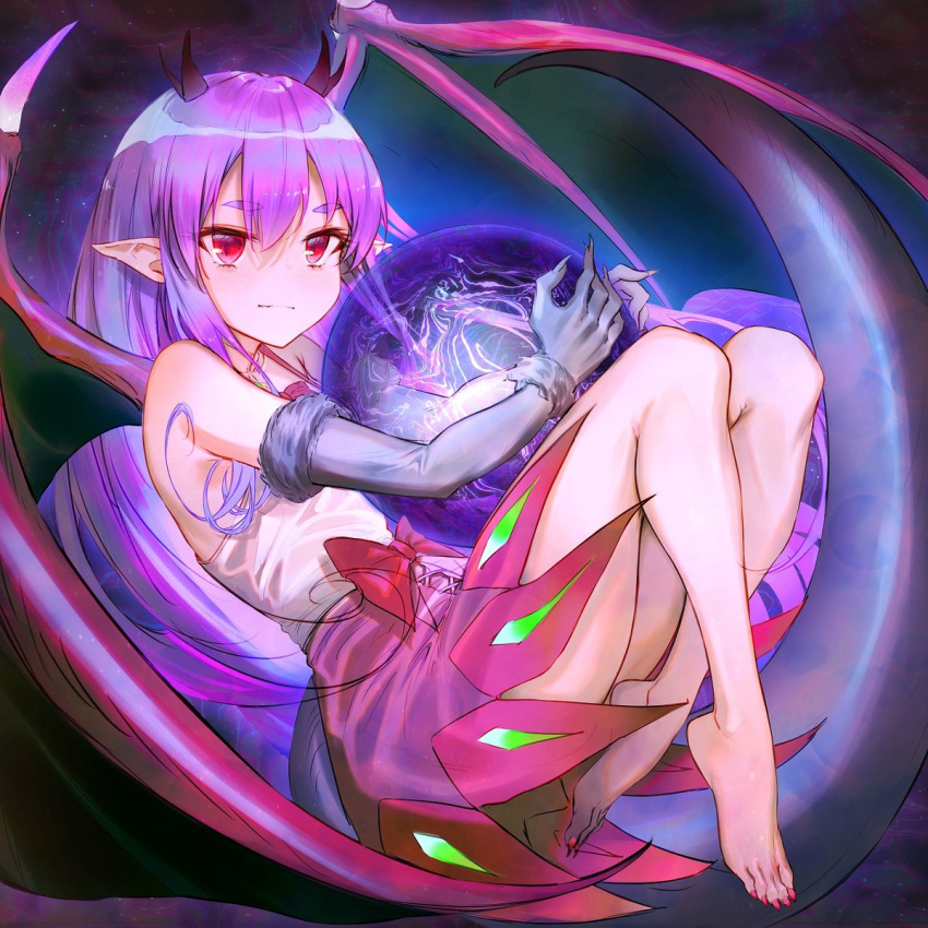 100_percent_orange_juice 1girl bad_id bad_twitter_id bare_legs bare_shoulders barefoot collateral_damage_studios dark_lulu_(orange_juice) dragon_girl dragon_horns dragon_wings energy_ball english_commentary highres horns long_hair nail_polish official_art pointy_ears purple_hair purple_skirt red_eyes shirt skirt solo toenail_polish toenails toes unfinished usanekorin very_long_hair white_shirt wings