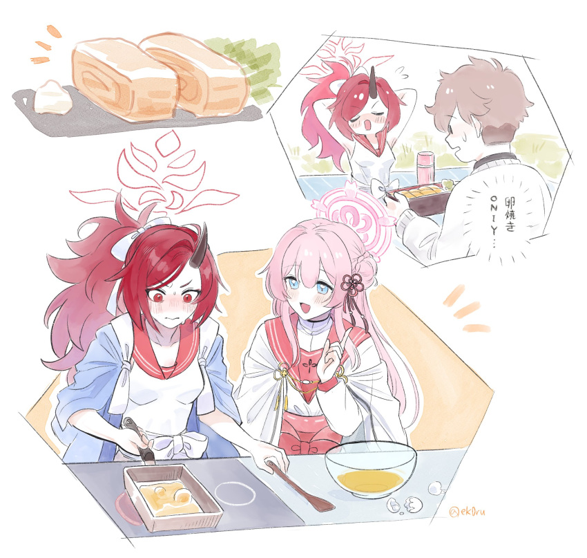 1boy 2girls black_horns blue_archive blue_eyes blush breasts brown_hair closed_eyes closed_mouth cooking ekoru food hair_between_eyes halo haori highres horns japanese_clothes long_hair long_sleeves mimori_(blue_archive) multiple_girls omelet open_mouth pink_hair pink_halo ponytail red_eyes red_hair red_halo red_sailor_collar renge_(blue_archive) sailor_collar sensei_(blue_archive) short_sleeves single_horn small_breasts smile tamagoyaki translation_request twitter_username