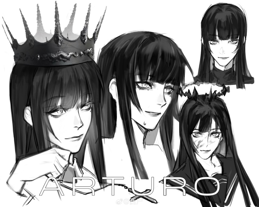 1girl absurdres arknights artist_name bare_shoulders black_sailor_collar blood blood_on_face blunt_bangs broken_halo character_name chinese_commentary chinese_text close-up closed_mouth collarbone commentary_request cropped_shoulders crown dark_halo eyelashes eyeshadow from_side greyscale halo hand_on_own_chin hand_up high_collar highres hime_cut light_smile lips long_hair long_sleeves looking_afar looking_ahead looking_at_viewer looking_to_the_side makeup mole mole_under_eye monochrome multiple_views parted_lips portrait sailor_collar sidelocks simple_background single_tear teeth virtuosa_(arknights) watermark weibo_6742701609 weibo_logo weibo_username wing_collar