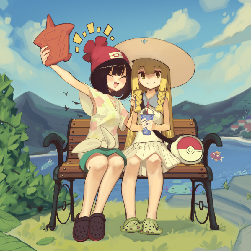 2girls bag bare_shoulders beanie blonde_hair boa_(brianoa) braid breasts dress duffel_bag green_eyes green_shorts hat highres lillie_(pokemon) long_hair looking_at_viewer multiple_girls pokemon pokemon_(creature) pokemon_(game) pokemon_sm red_headwear rotom rotom_dex selene_(pokemon) shirt shorts sleeveless sleeveless_dress small_breasts smile sun_hat tied_shirt twin_braids white_dress yellow_shirt