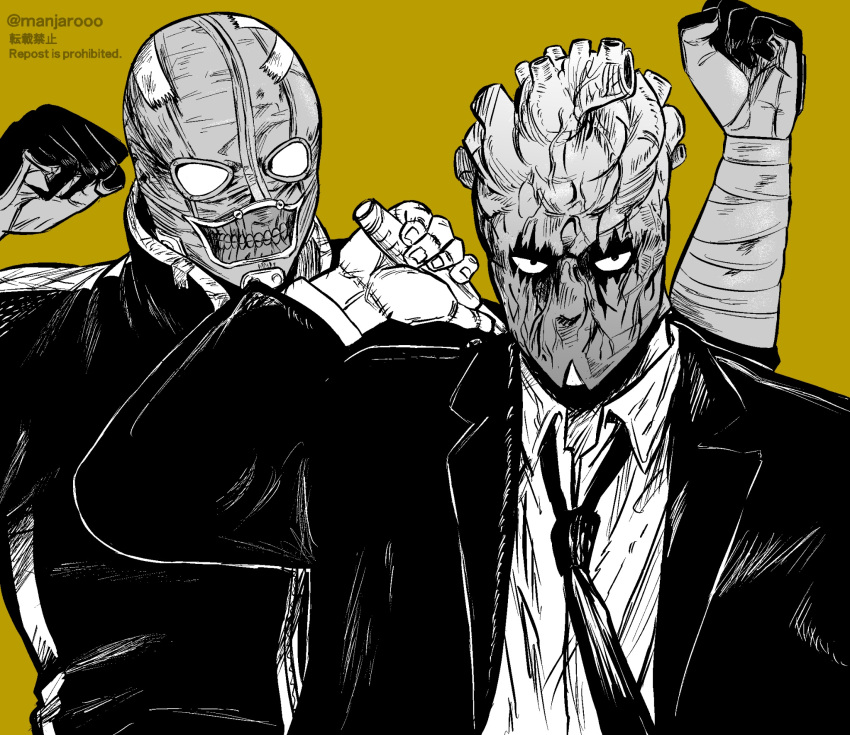 1boy 1girl bandages cheering dorohedoro drawing_sword dress_shirt formal heart_(organ) highres holding holding_sword holding_weapon looking_at_viewer loose_necktie manjarooo mask monochrome necktie noi_(dorohedoro) shin_(dorohedoro) shirt suit sword weapon