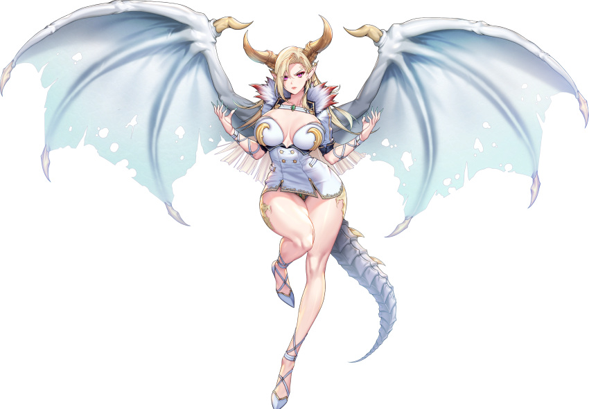 &gt;:( 1girl abs adhesive_bra aqua_nails arm_strap armlet armor bikini bikini_armor blonde_hair bra breastless_clothes breasts bridgeless_bra buttons c.honey closed_mouth collarbone crotch_plate double-breasted dragon_girl dragon_horns dragon_tail dragon_wings ear_ornament earrings fake_horns fake_tail fake_wings fingernails framed_breasts full_body fur-trimmed_jacket fur_trim game_cg gem gold_trim green_gemstone groin_tendon high_heels highres horns huge_breasts jacket jewelry last_origin leg_up linea_alba lips long_hair looking_at_viewer military_jacket military_uniform miniskirt official_alternate_costume official_art panties pointy_ears purple_eyes sadius_of_retribution sharp_fingernails short_sleeves simple_background skindentation skirt solo strappy_heels swimsuit tachi-e tail thick_thighs thighs third-party_source torn_wings transparent_background underwear uniform v-shaped_eyebrows white_bra white_footwear white_jacket white_panties white_wings wide_hips wings yellow_scales