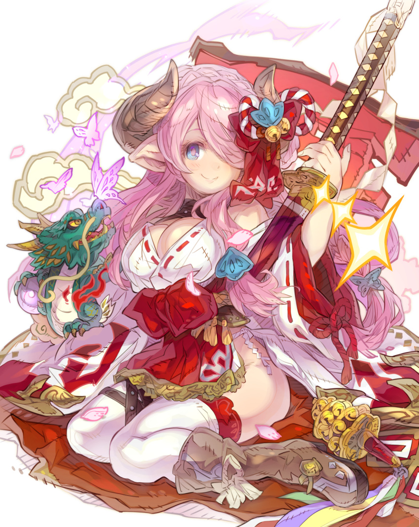 1girl animal bare_shoulders bell blue_eyes blush boots breasts brown_footwear bug butterfly cleavage closed_mouth commentary_request dragon full_body granblue_fantasy hair_over_one_eye haku_(sabosoda) hand_up highres holding holding_sword holding_weapon horns japanese_clothes jingle_bell kagura_suzu katana kimono large_breasts long_hair long_sleeves looking_at_viewer narmaya_(granblue_fantasy) pink_hair pointy_ears red_skirt ribbon-trimmed_sleeves ribbon_trim sheath sheathed sitting skirt smile solo sword thighhighs thighhighs_under_boots very_long_hair wariza weapon white_background white_kimono white_thighhighs wide_sleeves