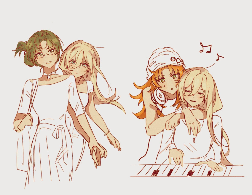 3girls areeeee_k blonde_hair closed_eyes closed_mouth ensemble_stars! genderswap genderswap_(mtf) glasses green_eyes green_hair grey_background hasumi_keito headphones headphones_around_neck highres holding_hands instrument keyboard_(instrument) long_hair multiple_girls musical_note open_mouth orange_hair sketch tenshouin_eichi tsukinaga_leo