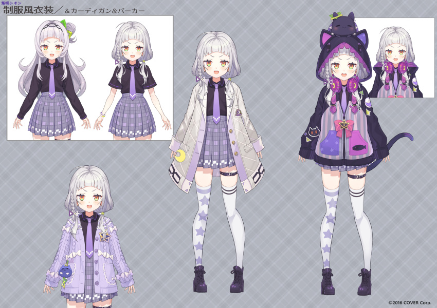 1girl alternate_costume alternate_hairstyle commentary_request full_body grey_hair headband headphones headphones_around_neck highres hololive hood hooded_jacket jacket long_hair medium_hair murasaki_shion necktie official_art open_mouth school_uniform simple_background solo standing tam-u thighhighs yellow_eyes